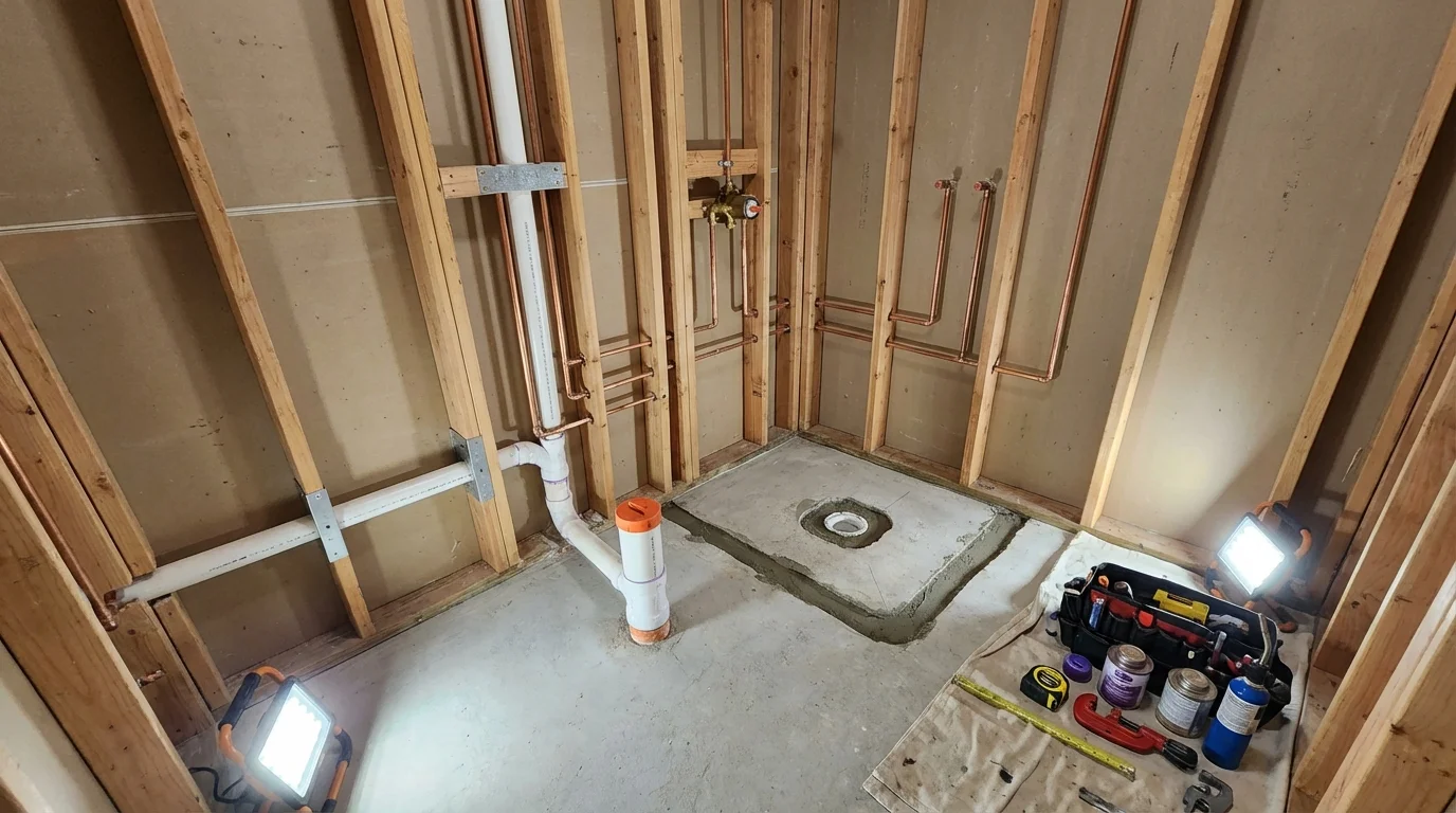 Bathroom rough-in plumbing during remodel by Johns Plumbing LLC in Theresa