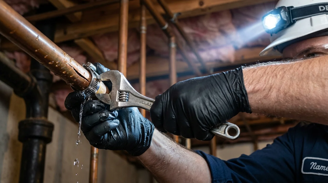 Emergency pipe clamp repair being performed by a Johns Plumbing LLC plumber in Theresa