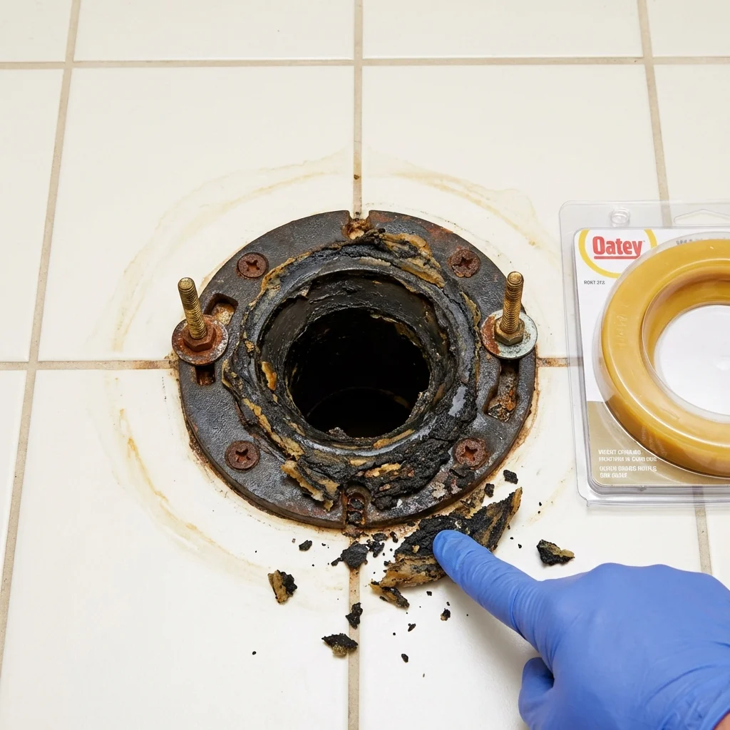 Failed wax ring showing water seepage at the base of a toilet in a Theresa, WI home